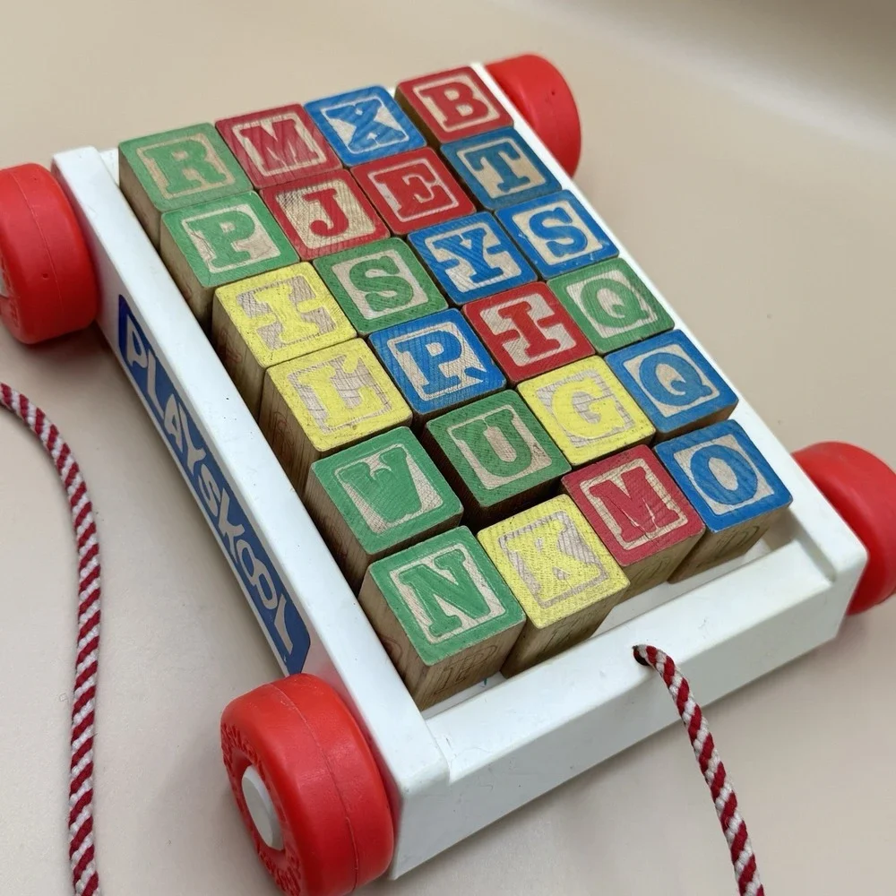 Playskool Wagon Pull Along Toy Cart With Wooden Letter Blocks Vintage 70s Retro